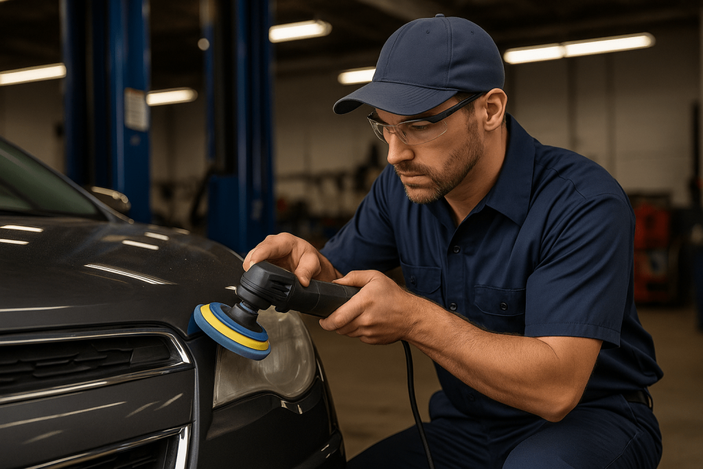 headlight restoration West Palm Beach technician polishing headlights