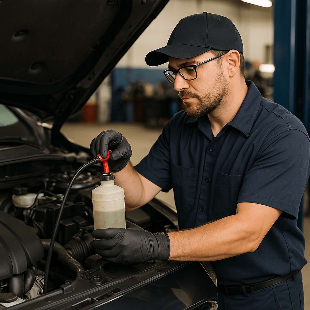 technician performing brake fluid flush under car hood