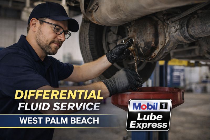 technician performing differential fluid service West Palm Beach Mobil 1 Lube Express